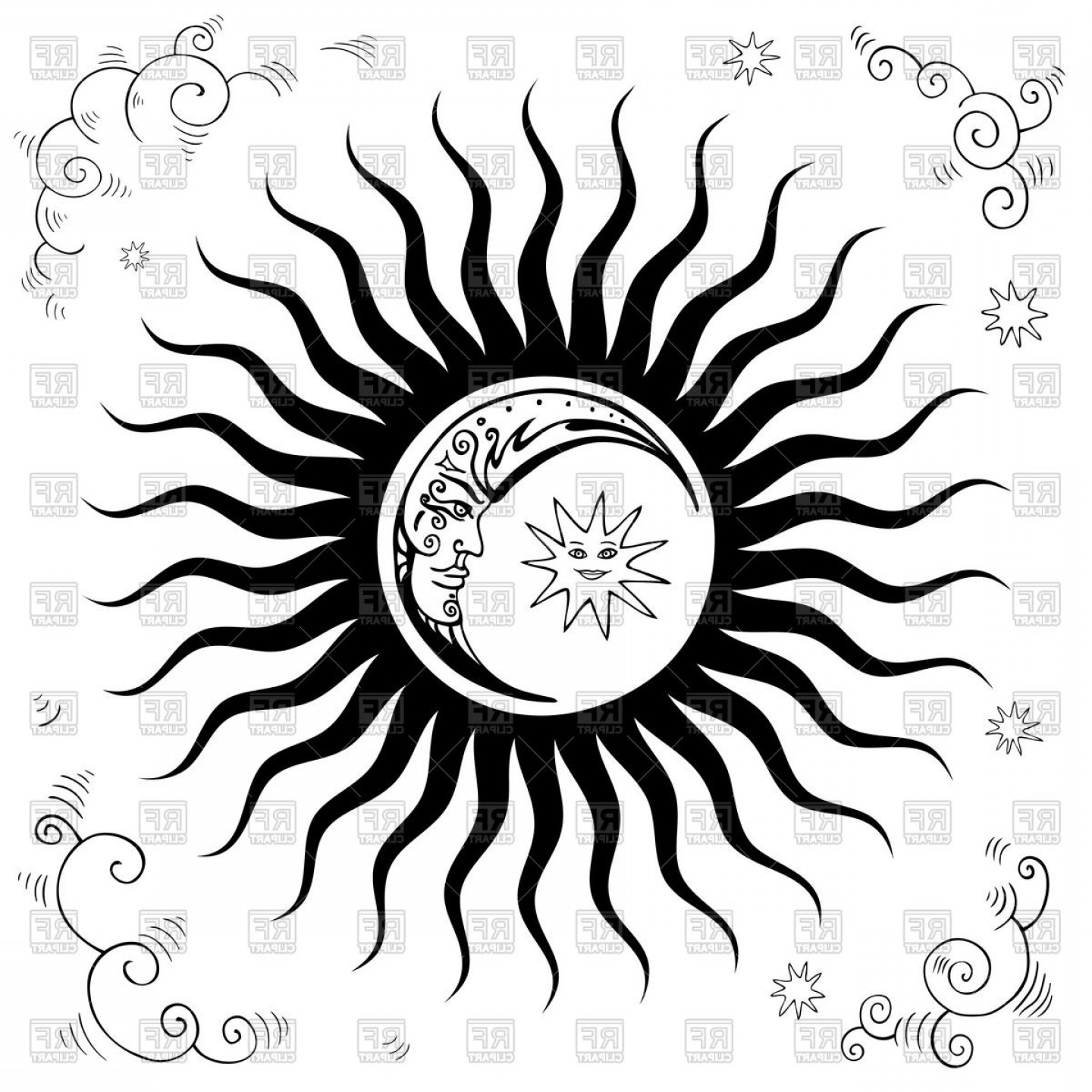 1440x1440 Black And White Cartoon Character Crescent In A Sun Vector Clipart