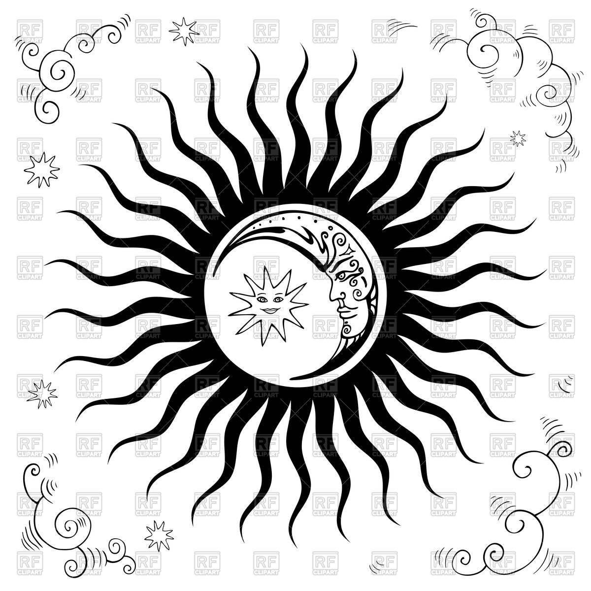 1200x1200 Black And White Cartoon Character Crescent In A Sun Vector Image