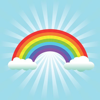 416x416 Colorful Rainbow With Clouds On Sunburst Vector Premium Clipart