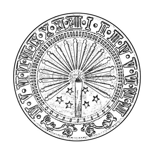 500x500 Sundial Or Sun Clock Drawing Hand Drawn And Isolated Vector, Stock