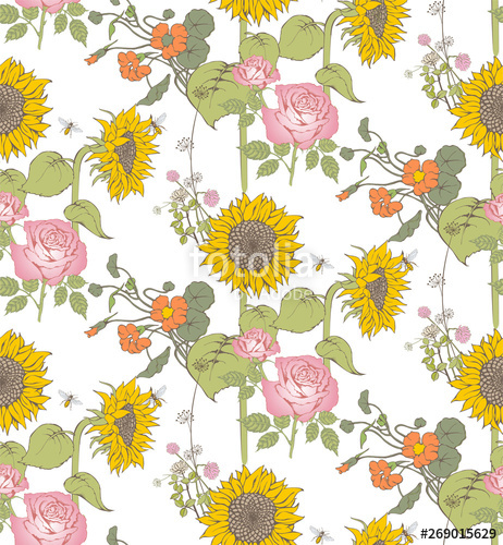 Sunflower And Other Flowers Seamless Pattern Vector Illustration 462x500 Sunflower And Other Flowers Seamless Pattern Vector Illustration