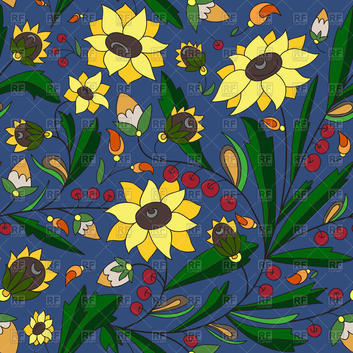 Seamless Pattern With Sunflowers And Leaves On Blue Background 1200x1200 Seamless Pattern With Sunflowers And Leaves On Blue Background