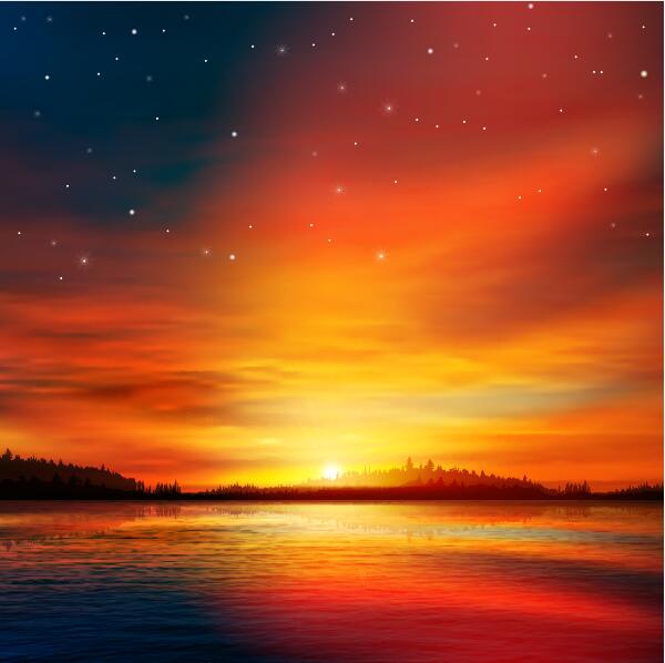 600x598 Lake Landscape With Sunset Vector Free Download