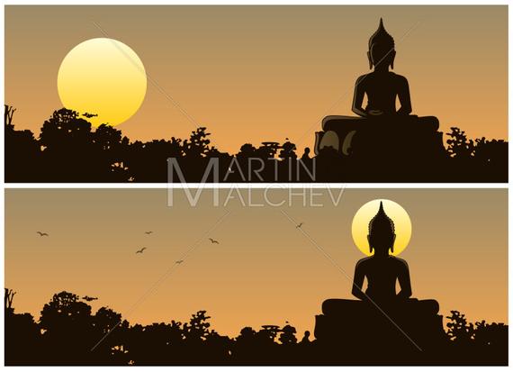 570x413 Buddha Sunset Vector Cartoon Clipart Illustration Statue Etsy