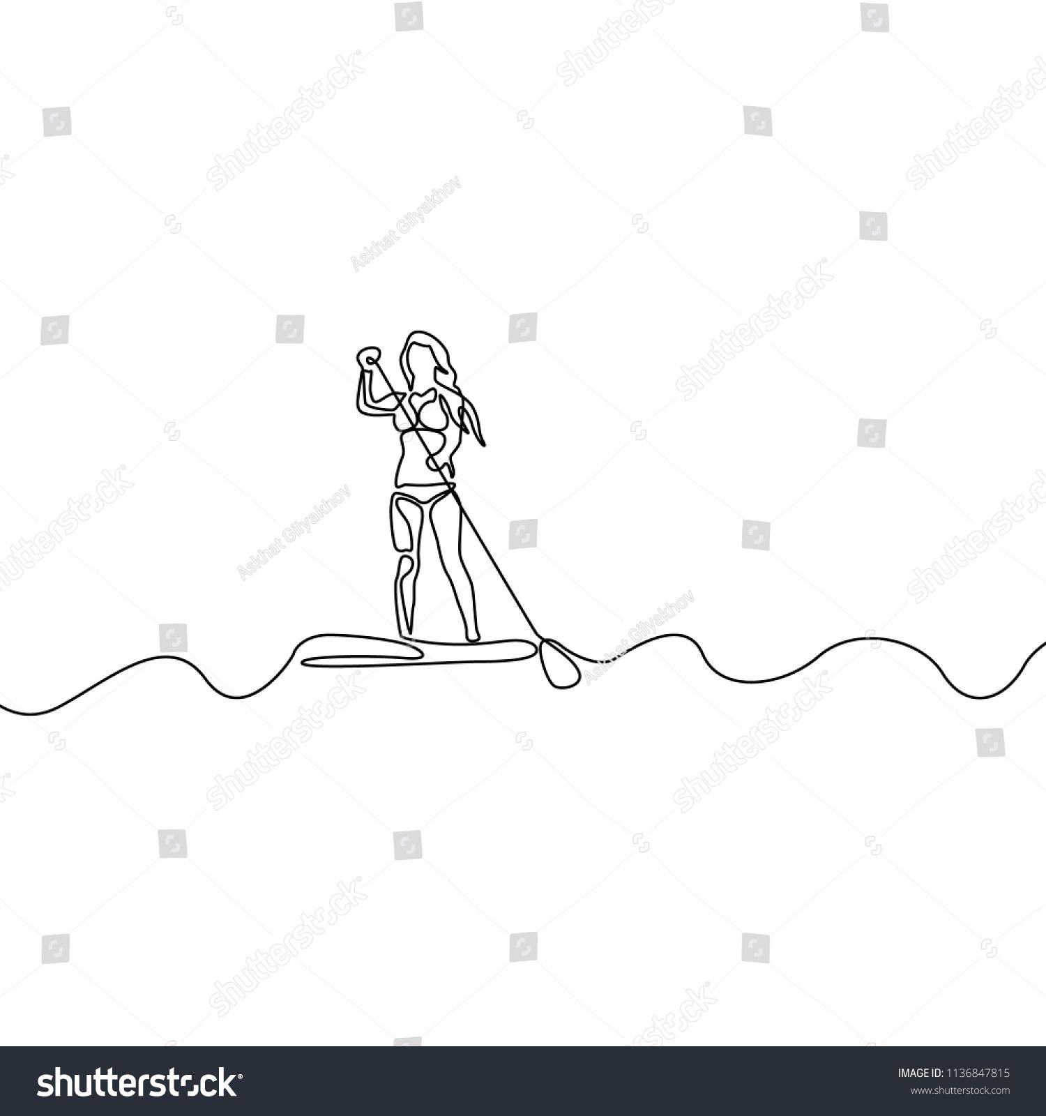 Continuous Line Woman Stand Up Paddleboard Vector Illustration 1500x1600 Continuous Line Woman Stand Up Paddleboard Vector Illustration