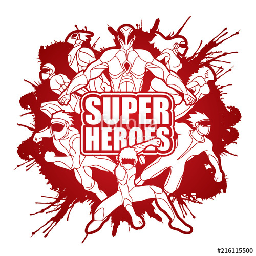 500x500 Group Of Super Heroes Action With Text Super Heroes Graphic Vector