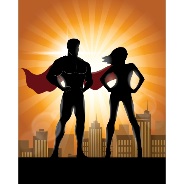 640x640 Superhero Couple Silhouette With City Skyline Background