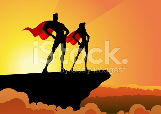 556x393 A Vector Illustration Of A Superhero Couple Standing On A Rock