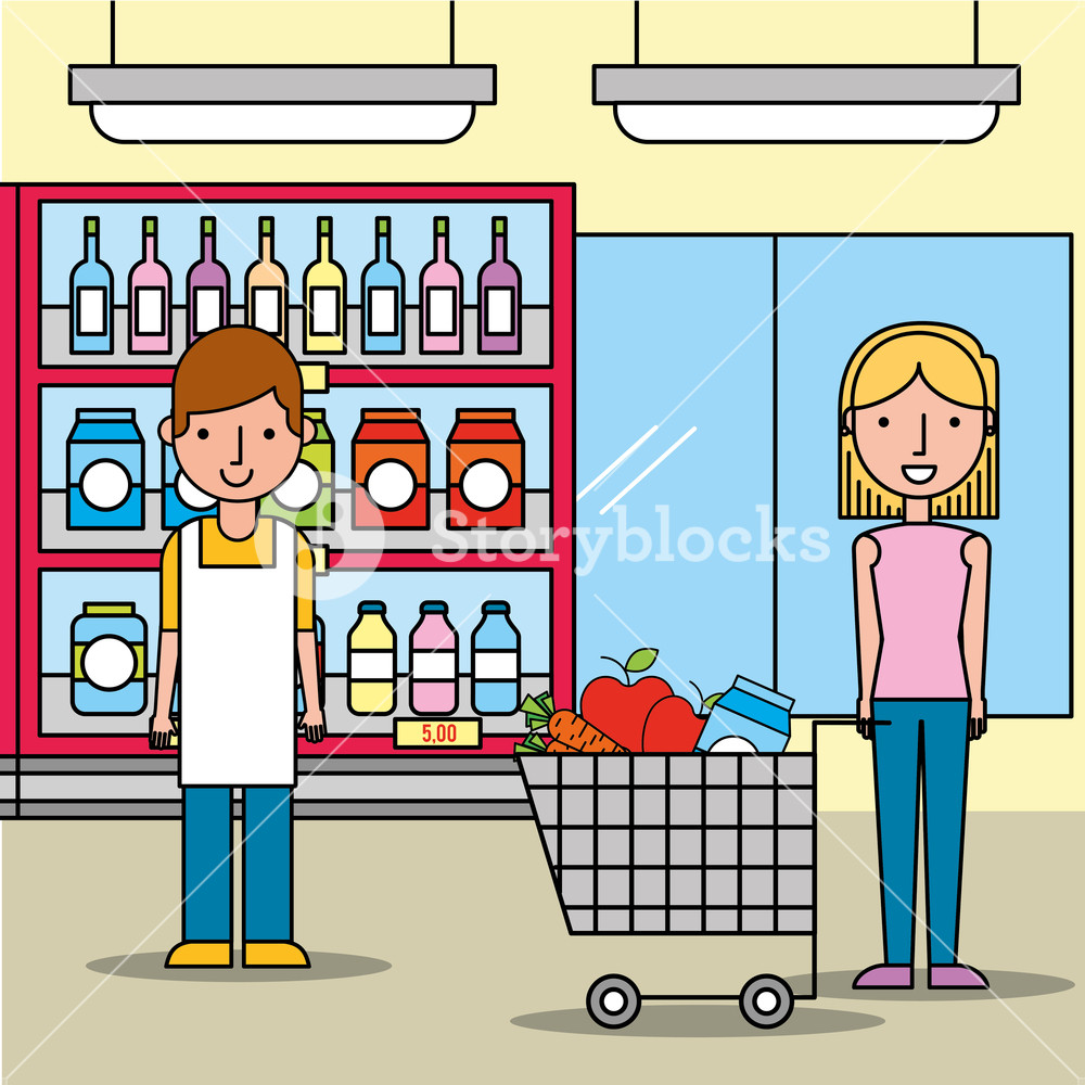 1000x1000 Salesman And Customer Woman With Shopping Cart In Supermarket