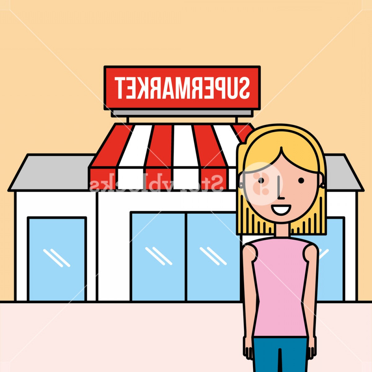 1200x1200 Woman Cartoon Standing Front Supermarket Vector Illustration