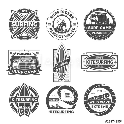 500x500 Surfing Camp Vintage Isolated Label Set Vector Illustration