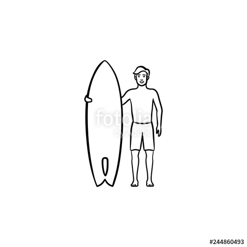 500x500 Surfer Standing With Surfboard Hand Drawn Outline Doodle Icon