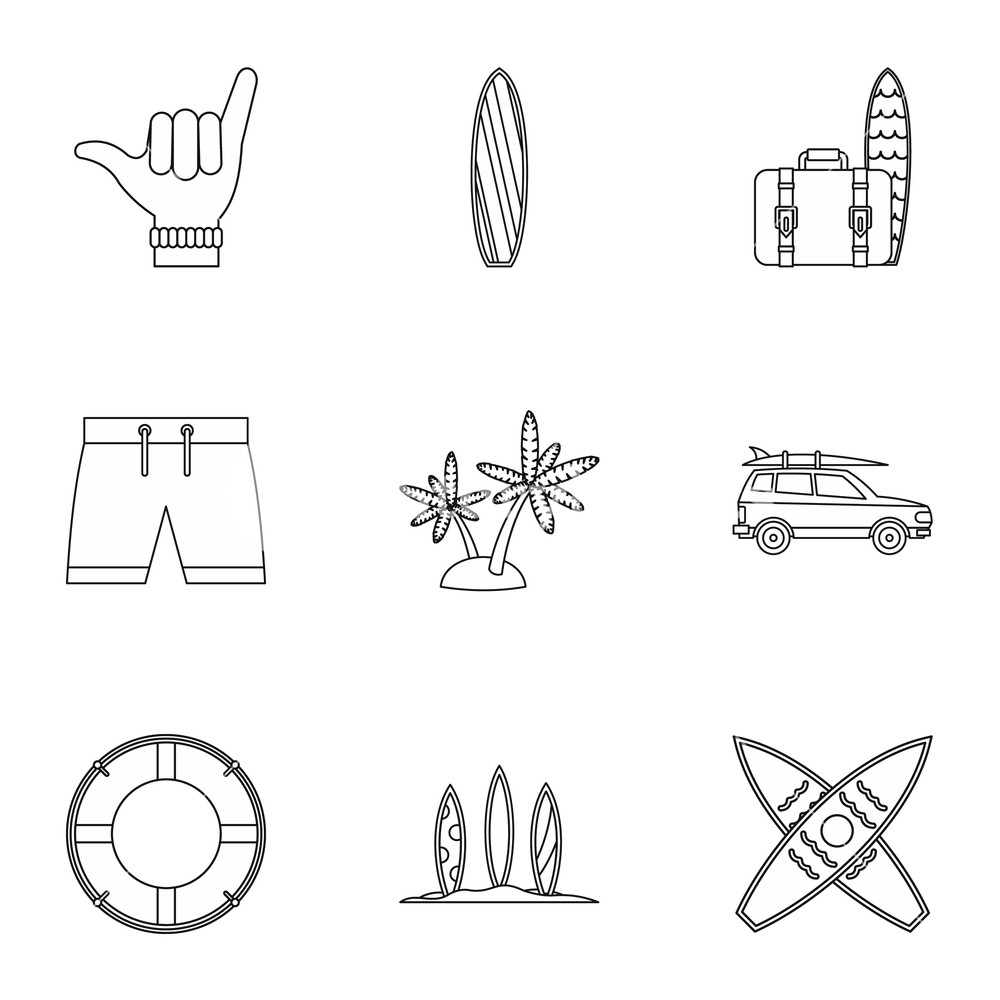 1000x1000 Swimming On Surfboard Icons Set Outline Illustration