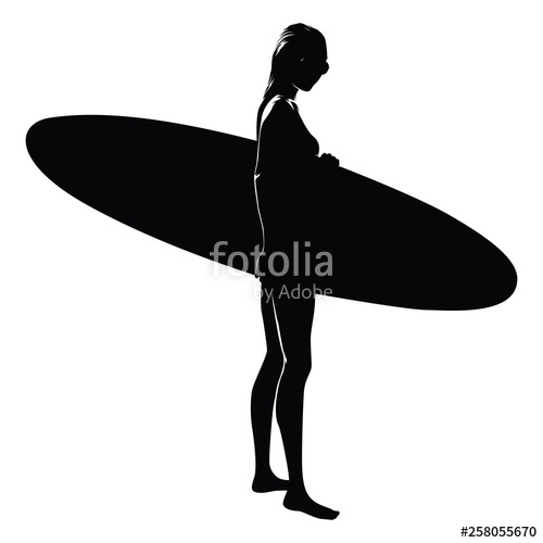 500x500 Silhouette Of A Woman With Surfboard, White Background Stock
