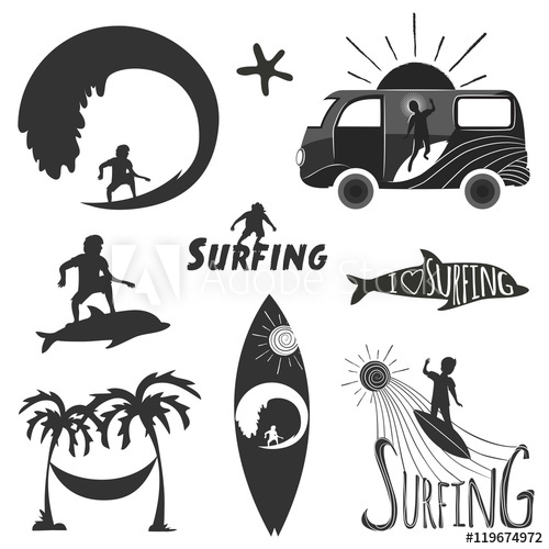 500x500 Vector Set Of Vintage Surfing Labels, Emblems Or Logos Surfboard