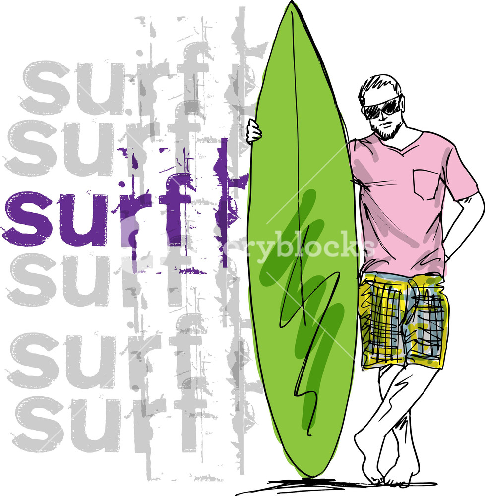 978x1000 Sketch Of Man With Surfboard Vector Illustration Royalty Free