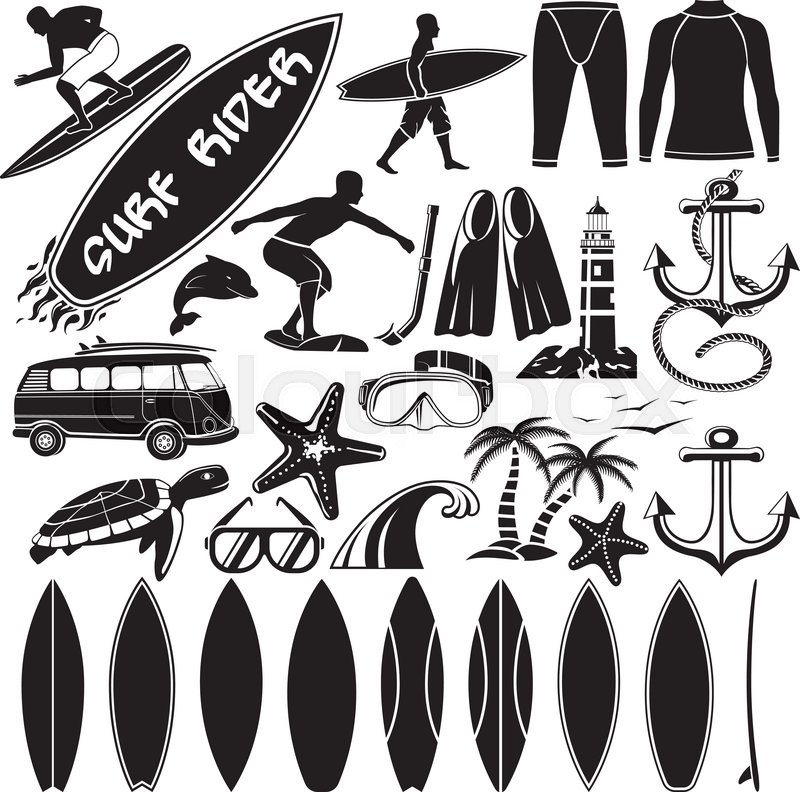 800x792 Surfboard Vector Group With Items