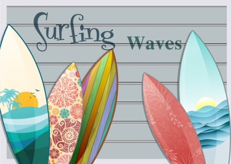 468x333 Summer Trip Background Colorful Decorated Surfboard Icons Vectors