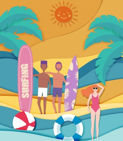 408x468 Summer Vacation Background People Surfboard Beach Icons Vectors