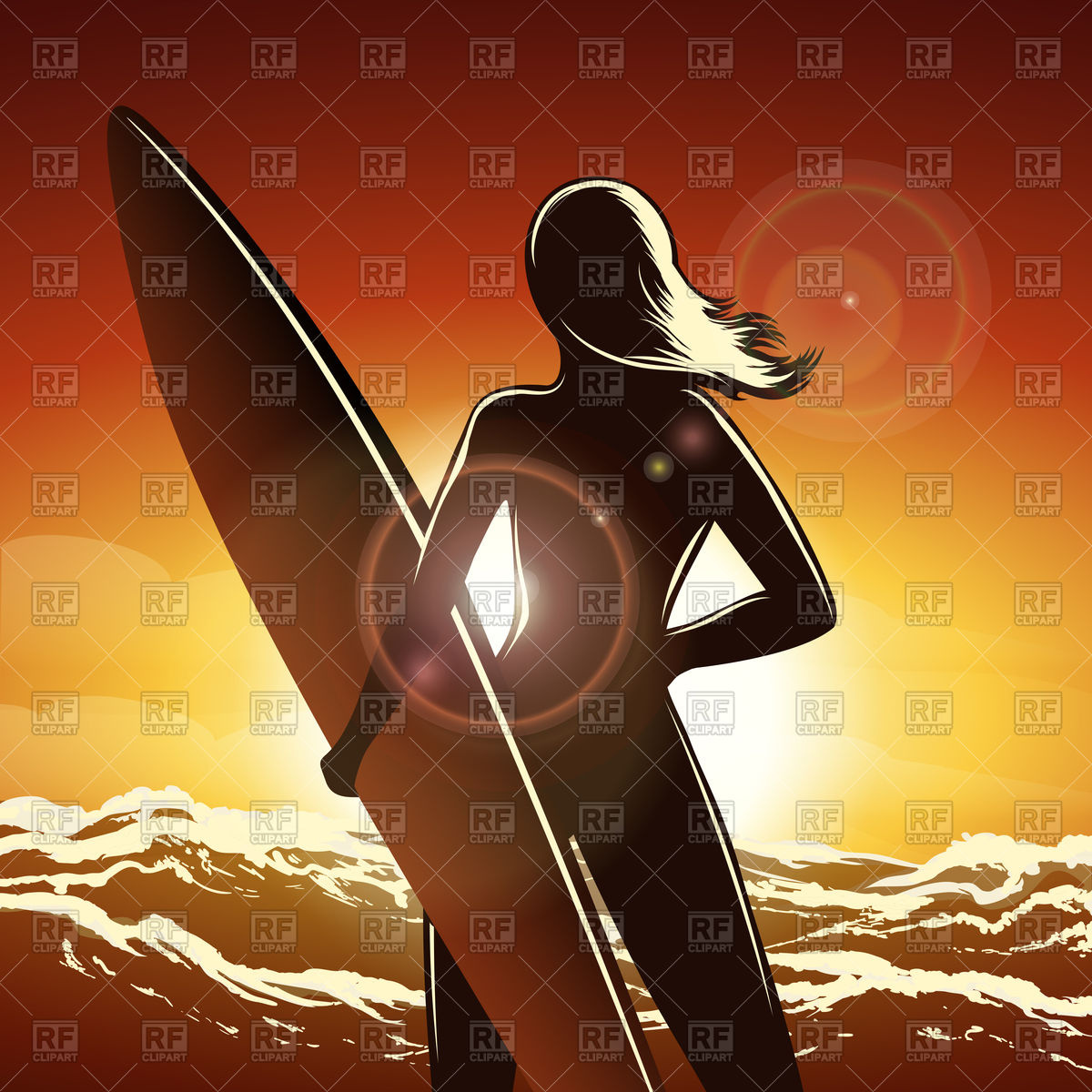 Young Surfer Girl With Board On Summer Beach Vector Image 1200x1200 Young Surfer Girl With Board On Summer Beach Vector Image