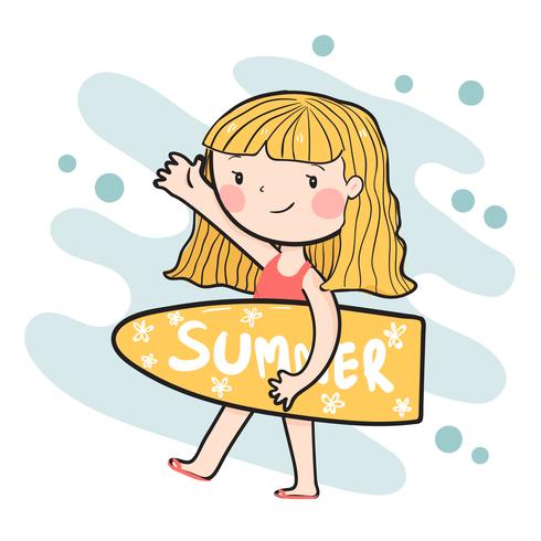 Drawing Cute Happy Surfer Girl Holding Summer Surfboard Flat 490x490 Drawing Cute Happy Surfer Girl Holding Summer Surfboard Flat