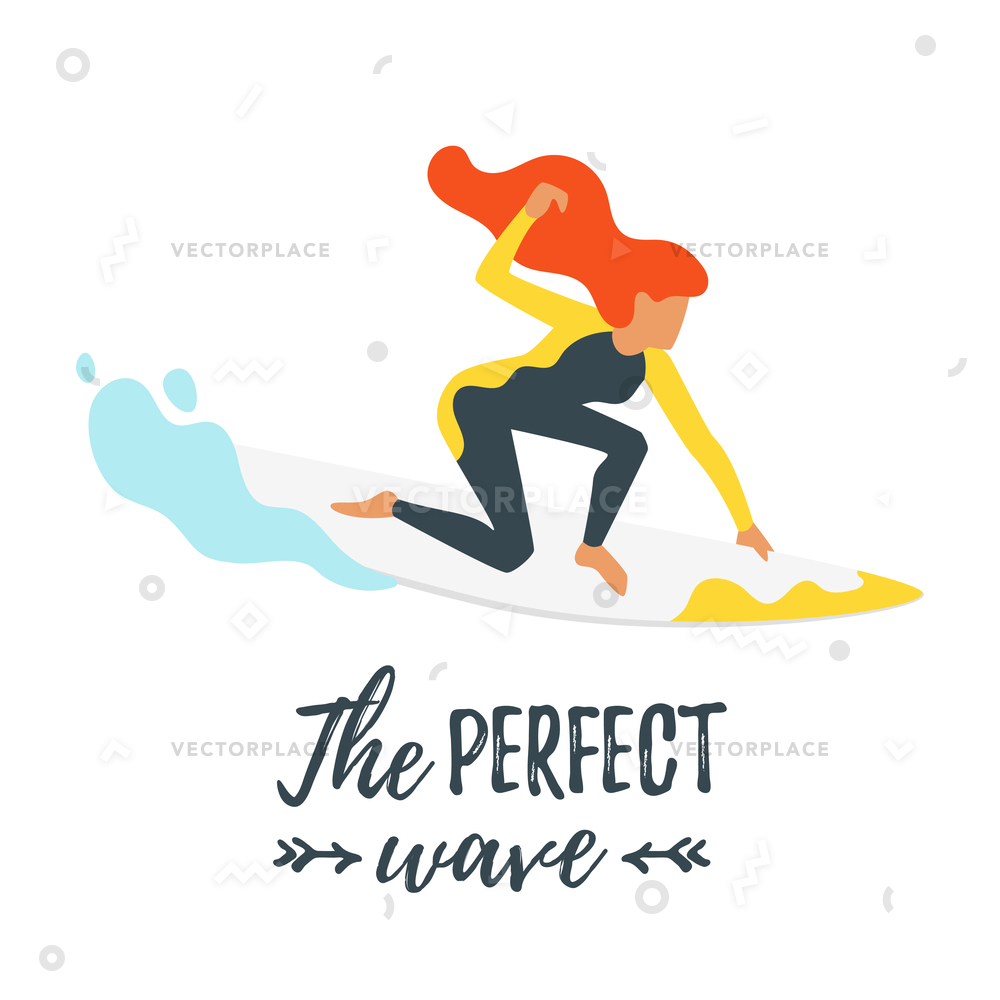 1000x1000 Flat Style Woman Surfer Silhouette Wave Vector Illustration