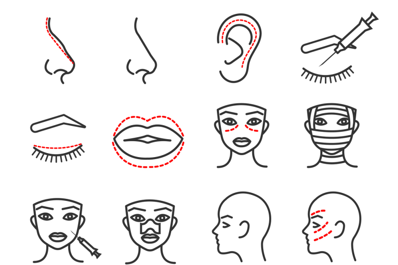 Cosmetic Plastic Face Surgery Vector Thin Line Icons Set 800x533 Cosmetic Plastic Face Surgery Vector Thin Line Icons Set