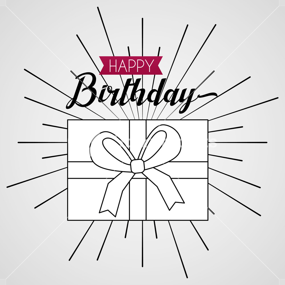 1000x1000 Happy Birthday Card Draw Gift Box Ribbon Sign Surprise Vector