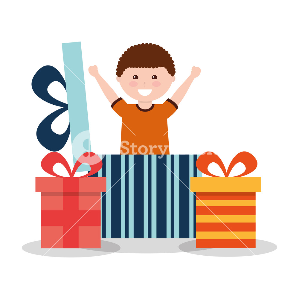 1000x1000 Smiling Boy Happy Outside On Gift Box Surprise Vector Illustration