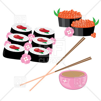 400x400 Ikura Sushi, Tuna Sushi Rolls, Chopsticks And Soy Vector Image