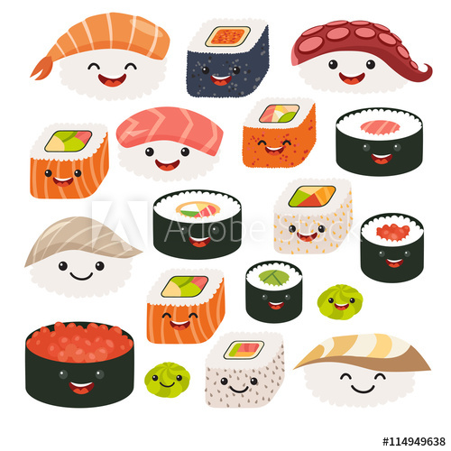500x500 Emoji Sushi Characters Cartoon Japanese Food Vector Set Sushi