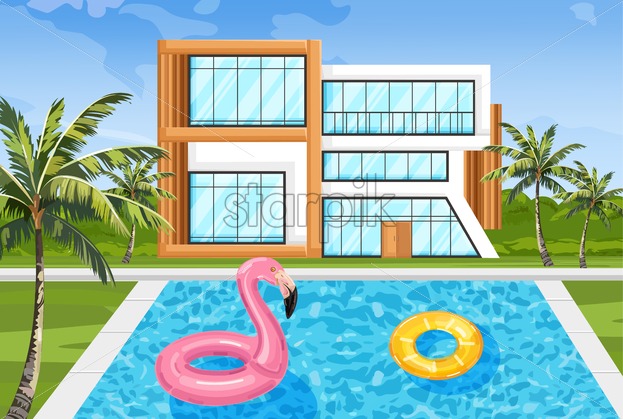 Modern House With Swimming Pool Vector Architecture Facade Summer 623x419 Modern House With Swimming Pool Vector Architecture Facade Summer