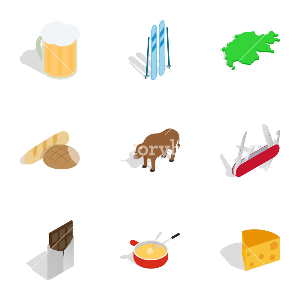1000x1000 Symbols Of Switzerland Icons Set Isometric Illustration