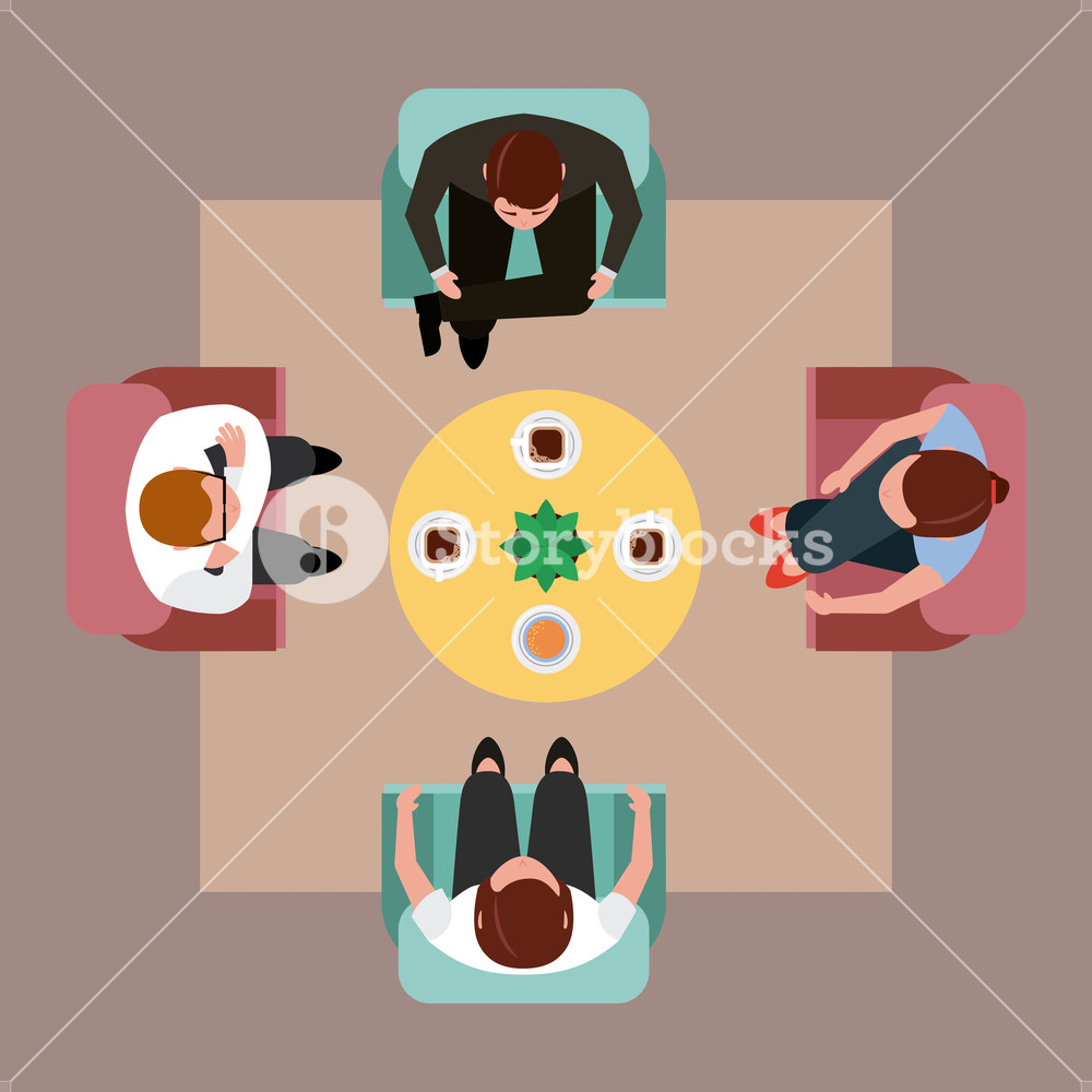 People Meeting Drinking Coffee Around The Table Top View Vector 1000x1000 People Meeting Drinking Coffee Around The Table Top View Vector