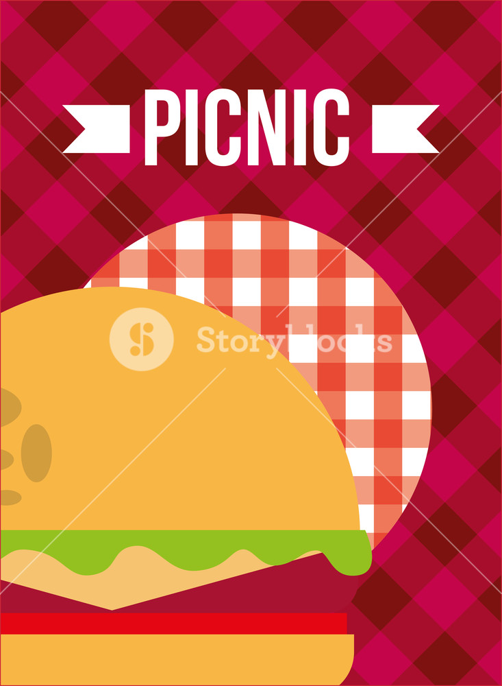 733x1000 Picnic Burger Bun Meat Lettuce Cheese Checkered Tablecloth Vector