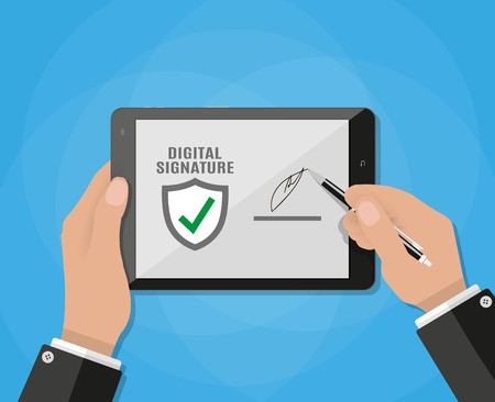 450x366 Businessman Hand Sign Digital Signature On Tablet Vector