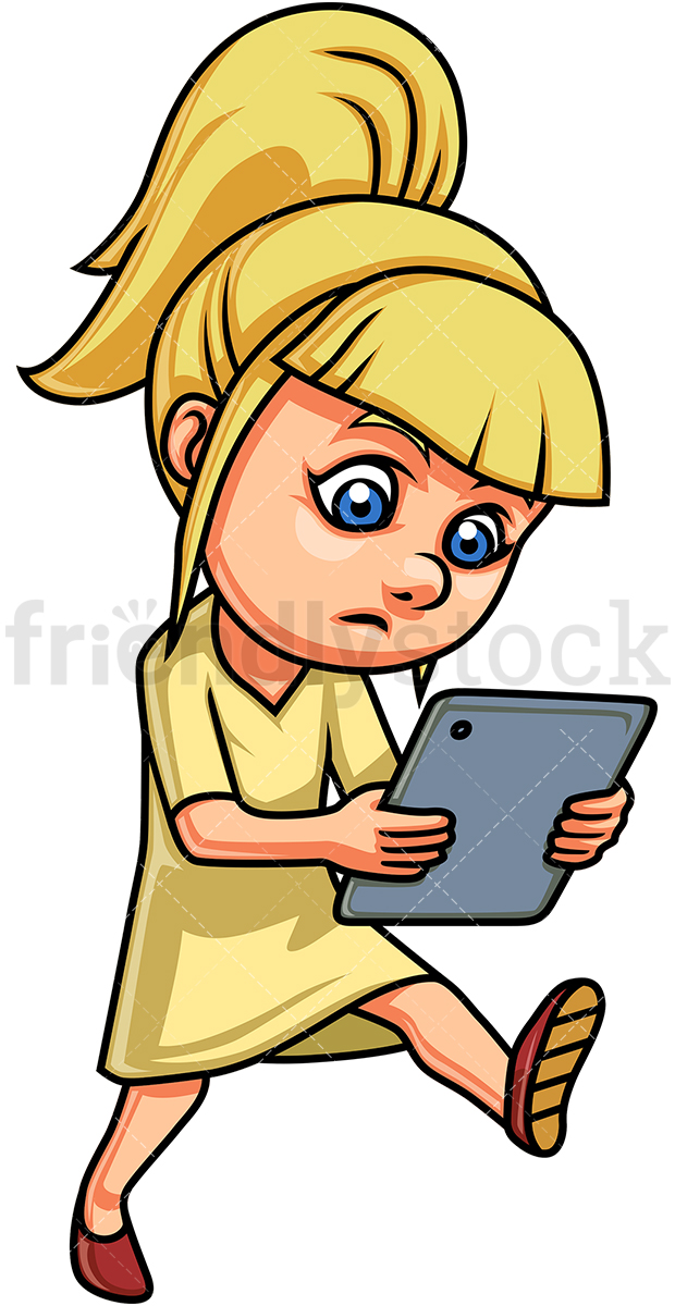 620x1200 Distracted Girl Using Tablet Cartoon Clipart Vector