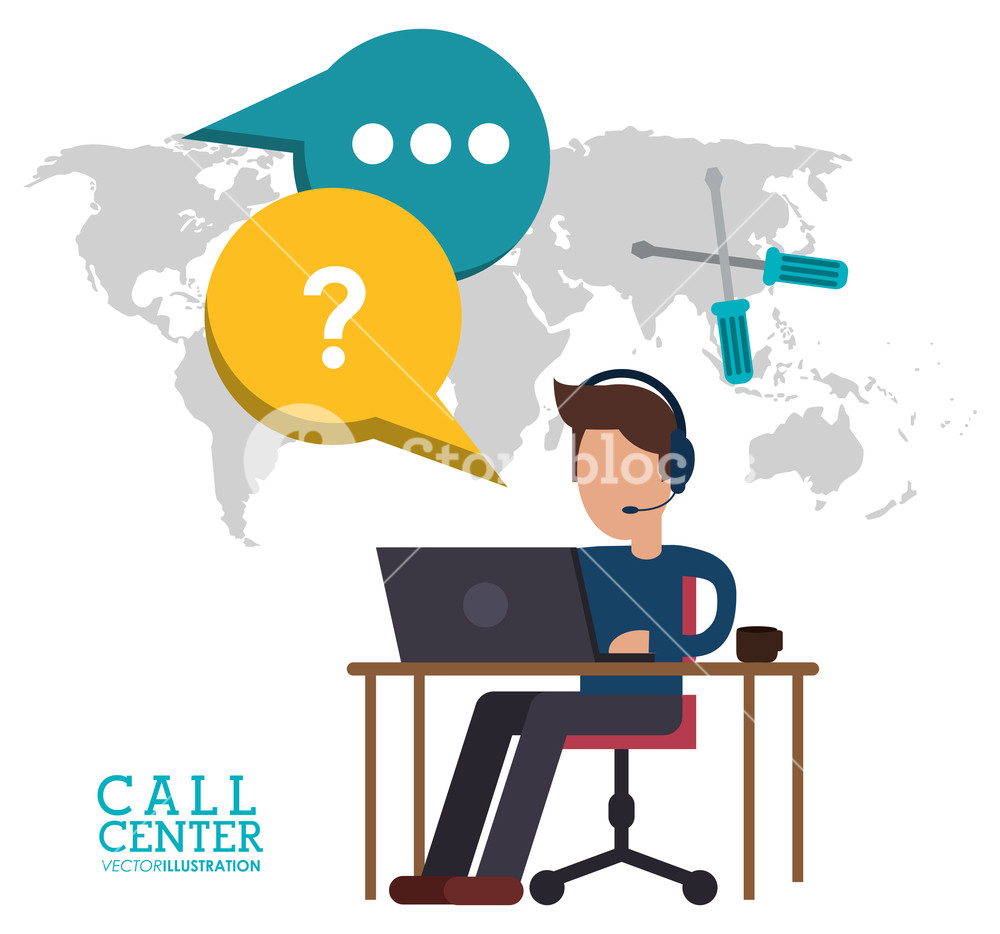 1000x934 Call Center Man Desk Work Talk Vector Illustration Royalty