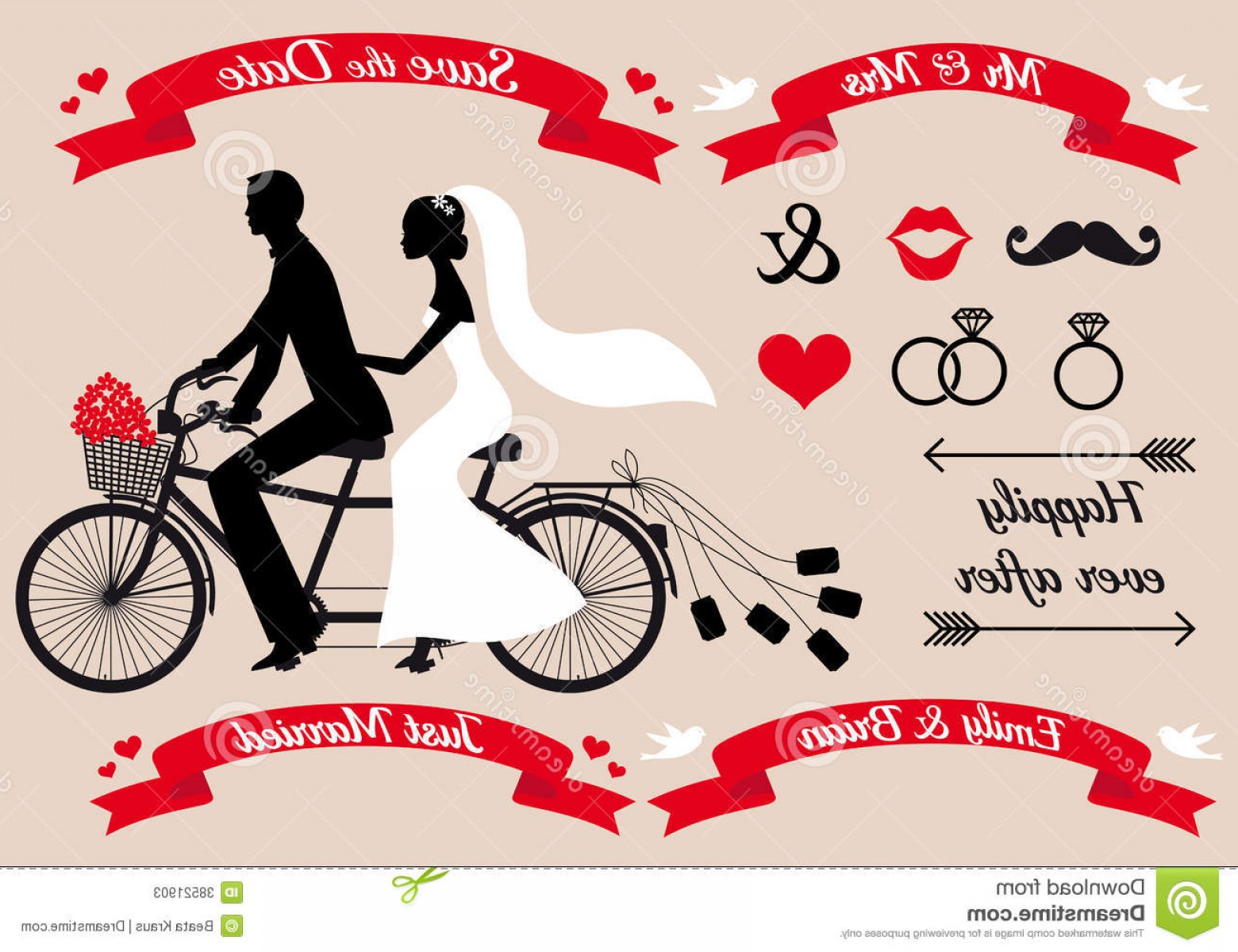1560x1200 Stock Photos Wedding Couple Tandem Bicycle Vector Set Image