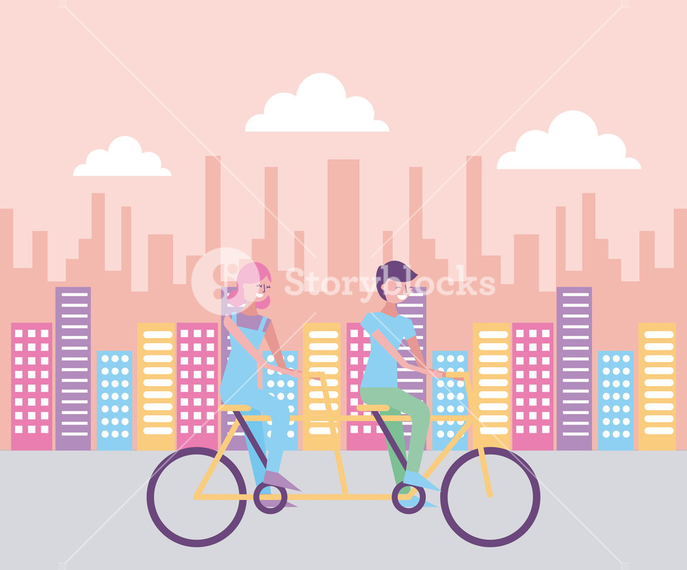 1000x830 Happy Couple Riding On Tandem Bike In The City Vector Illustration