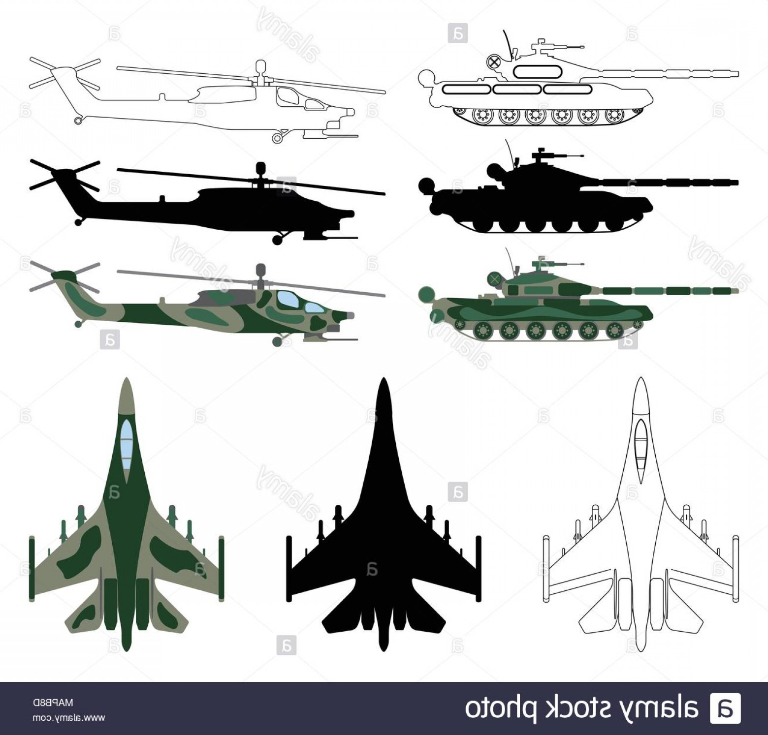 1560x1494 Fighter Aircraft Tank Helicopter In Silhouette Cartoon Outline