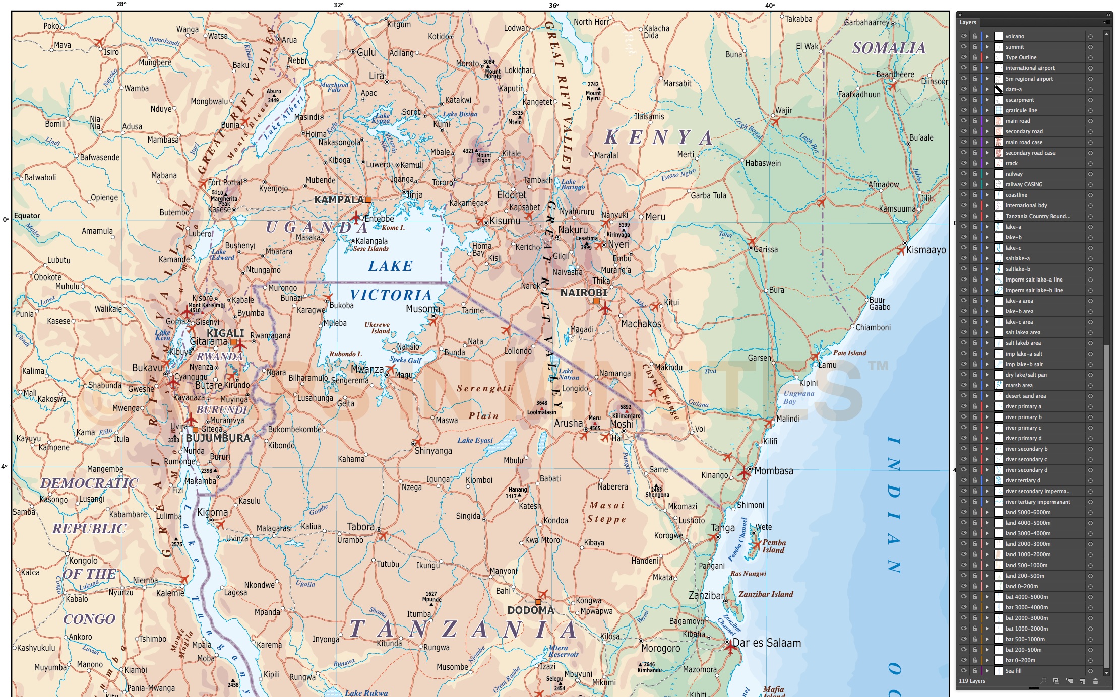 2214x1384 Digital Vector Tanzania Map Political, Road Rail Map With Land