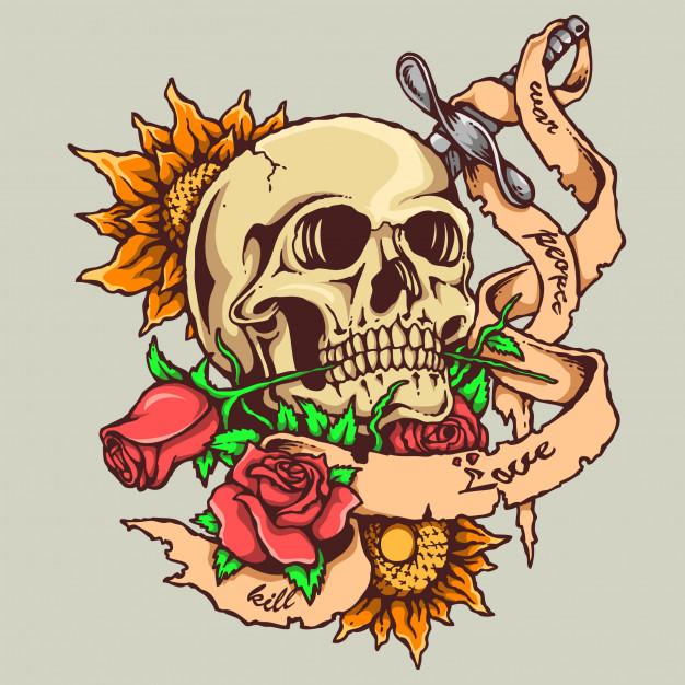 Skull Tattoo With Rose And Banner Vector Premium Download 626x626 Skull Tattoo With Rose And Banner Vector Premium Download
