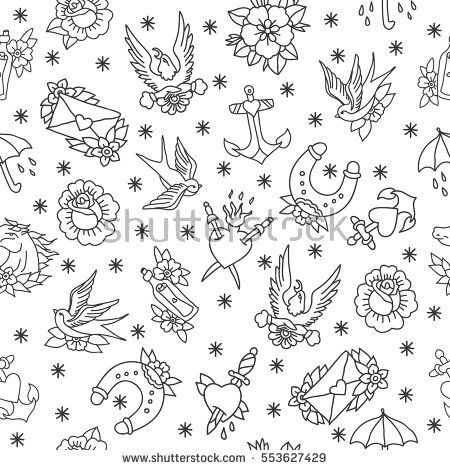 450x470 Seamless Doodle Pattern Traditional Tattoo Flash Vector