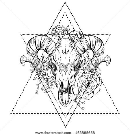 450x470 Bull Skull With Peony Flower Blackwork Tattoo Flash Vector