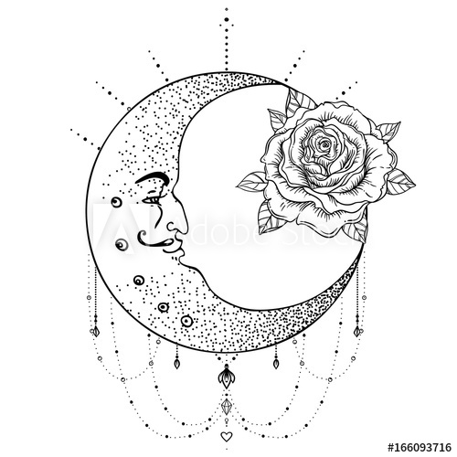 500x500 Crescent Moon, Rose Flower, Sacred Geometry Blackwork Tattoo