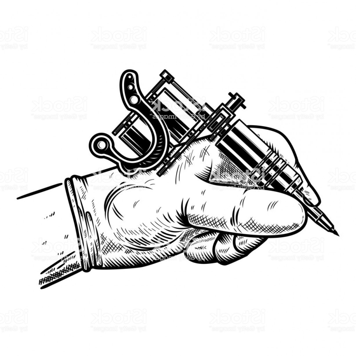 1228x1228 Hand With Tattoo Machine Design Element For Poster Card T Shirt