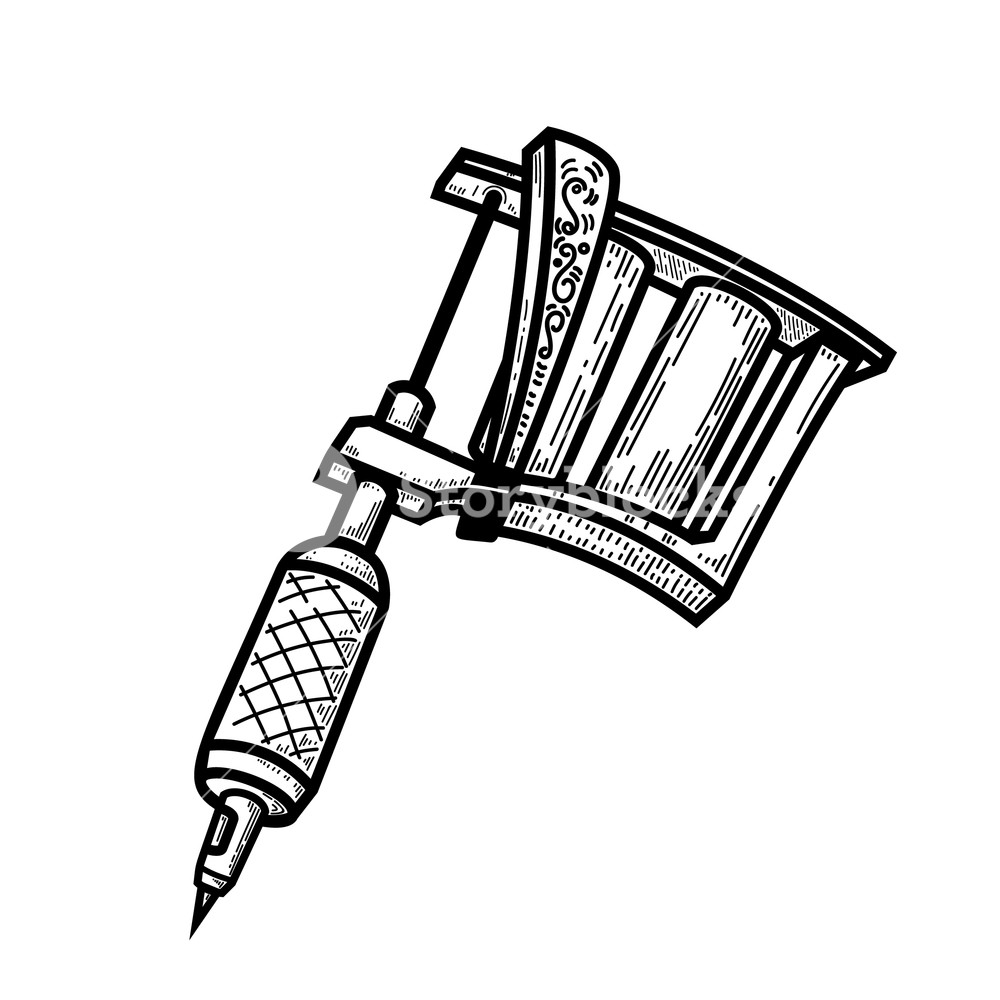 1000x1000 Tattoo Machine Illustration In Engraving Style Design Element