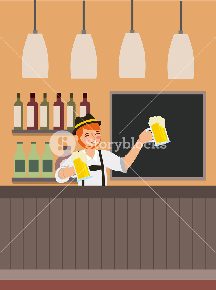 747x1000 Oktoberfest Celebration Lamps Tavern Boy Holding Vase Beers Vector