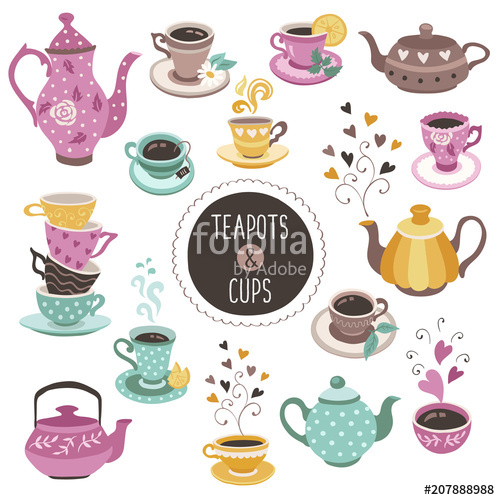 500x500 Hand Drawn Teapot And Cup Collection Colorful Tea Cups, Coffee